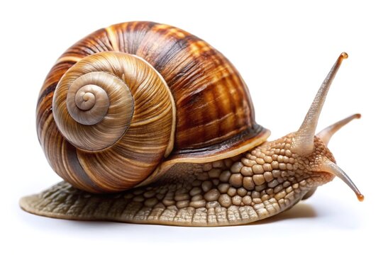 Closeup of a large brown snail crawling on white background
