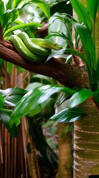 Striking green tree python coiled on a branch amidst vibrant foliage in a rainforest habitat, captured with a natural and exotic feeling.