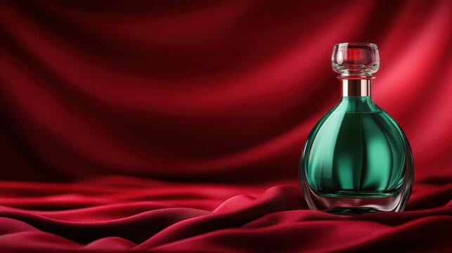 This image showcases a luxurious green perfume bottle elegantly placed on deep red fabric, highlighting a sense of sophistication and allure in the composition.