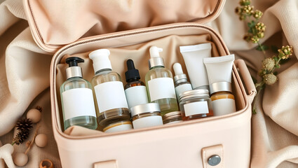Beige Travel Case Filled with Skincare Products