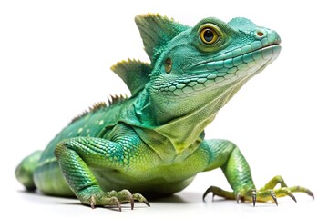 Obraz premium Vibrant green plumed basilisk lizard closeup on white background