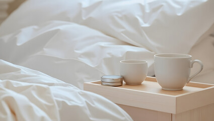 Serene White Bedding and Morning Beverage Still Life