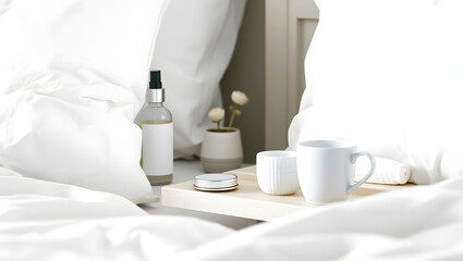 Soft White Bedding with Bedside Tray Relaxing Bedroom Setup