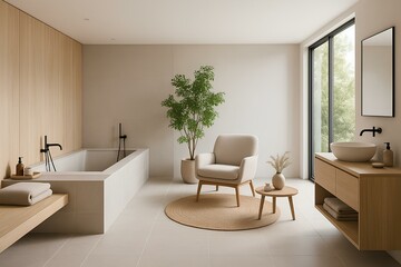 Modern open-plan bathroom with built-in tub and a lounge area with armchair