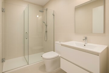Modern bathroom with fully glass shower, light beige walls, and white sanitary ware