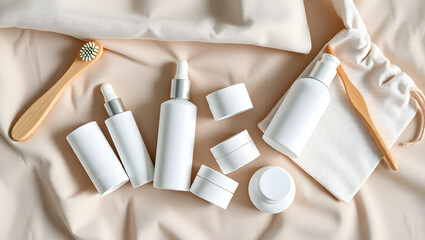 Travel-Sized Skincare Set Minimalist Flatlay of White Bottles and Eco-Friendly Accessories