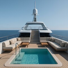 Luxury yacht deck with private pool and panoramic sea view, sleek and modern marine design, open sky