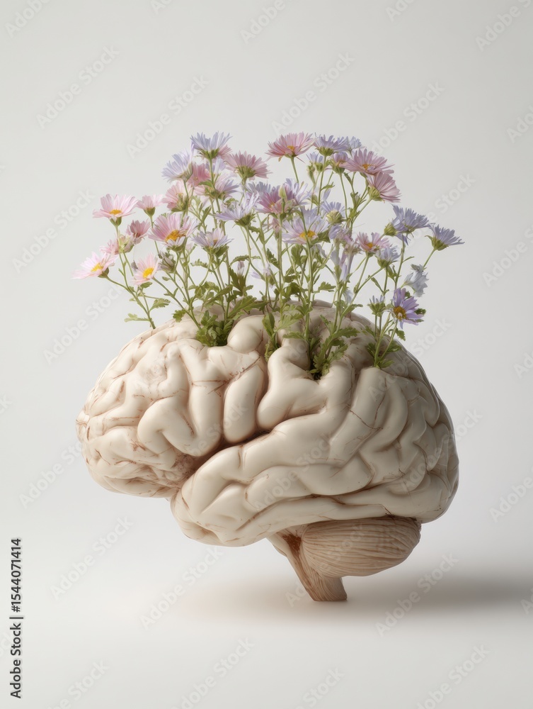 Aufkleber flowers sprouting from a human brain in a minimalistic setup with space for text
