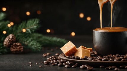 A beautifully styled display of coffee, caramel, and decorative elements, creating a rich and inviting aesthetic perfect for warm, cozy moments and appreciation of finer flavors.