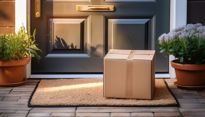 delivered parcel or box on door mat near entrance delivered outside the door e commerce purchase on welcome mat