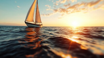A tranquil sailboat glides across shimmering ocean waters at sunset, embodying the essence of adventure and relaxation in a serene natural landscape.