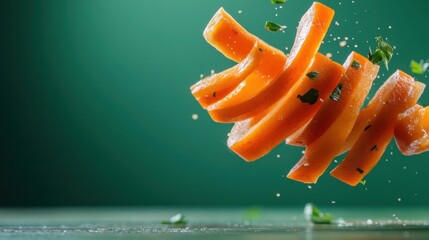 Freshly sliced carrots appear to levitate in mid-air, accompanied by herbs, highlighting the vibrancy and energy of cooking and healthy eating.