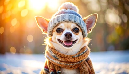 Happy chihuahua in winter hat.