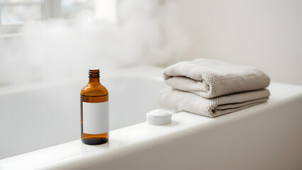 Serene Bathroom Setting Amber Bottle, Towels, and Bathtub