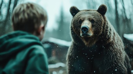 A captivating and intense moment as a curious boy comes face-to-face with a majestic brown bear, emphasizing the importance of wildlife conservation and respect for nature.