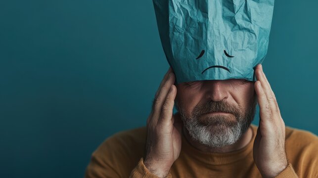 A contemplative man experiences sadness while wearing a crumpled paper hat, visually expressing the complexities of emotions in a creative and thoughtful manner.