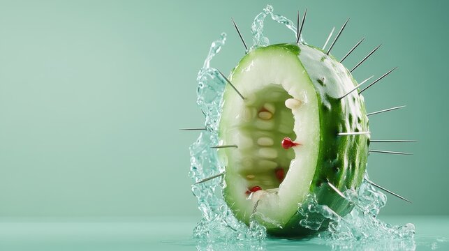 A close-up of a cucumber being splashed with water, showcasing its unique appearance with spikes, representing creativity and the unexpected beauty of nature.