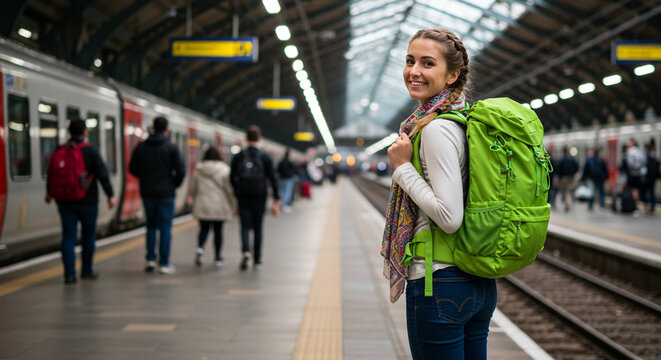 A smiling woman with a green backpack stands on a train platform with people and a train in the background