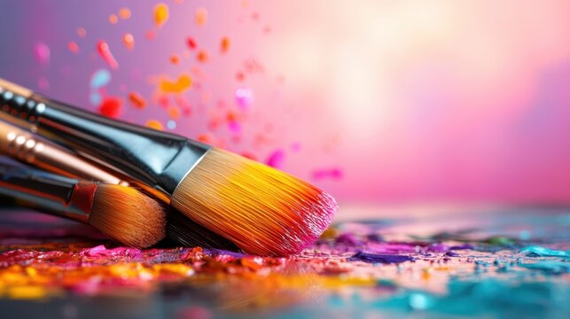 A delightful arrangement of artistic brushes lying on a canvas splashed with vibrant paint, embodying the creativity and expression of the artistic journey.