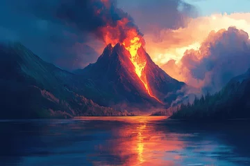 Printed kitchen splashbacks Erupting volcano reflected in a serene lake at sunset, casting an orange glow across the water and surrounding mountains