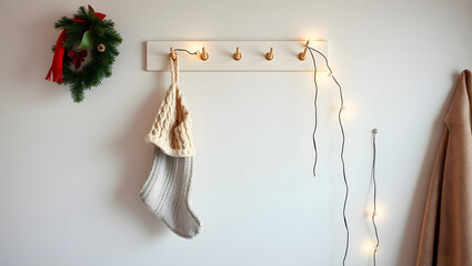 White Wall-Mounted Peg Rack with Knit Stocking and Christmas Decor