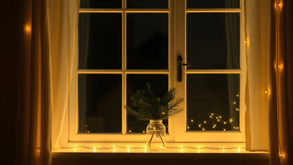 Warm Golden Fairy Lights Adorning Window Frame at Night