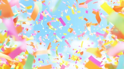 Colorful confetti falling against a light blue sky.