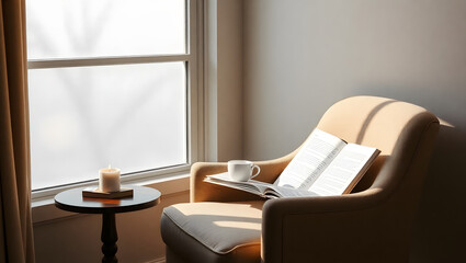 Serene Reading Nook Beige Armchair, Books, and Sunlight
