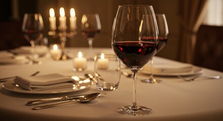 Romantic dinner table setting with wine and candles