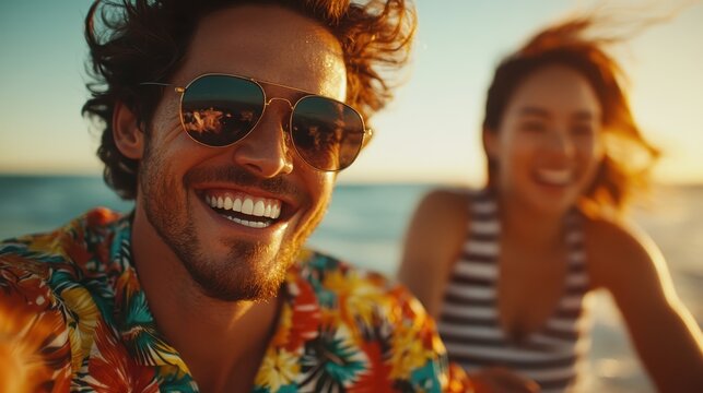 A cheerful couple enjoys a sunny day at the beach, capturing a joyful moment filled with laughter, vibrant colors, and the beauty of nature surrounding them.