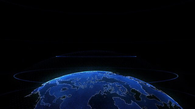 Blue earth top side of glowing globe. Template background.  The top of the earth. Opener, intro Glowing sphere. For coworking, meeting, conference. Global communication concept. Continent, big data