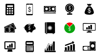 Finance and investment icons set for business and money management illustration