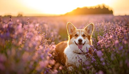 Happy Corgi in Lavender Field Sunset.