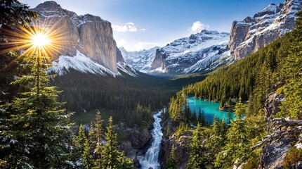 Majestic mountain valley at sunrise, with turquoise lake and cascading waterfall.  Sunlight flares from behind towering peaks