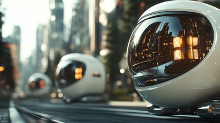 Fototapeta premium An imaginative portrayal of sleek, futuristic transportation pods gliding through a modern city, symbolizing innovation and advanced technology in urban settings.