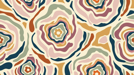 Abstract organic shapes in earth tones creating a seamless pattern with floral accents and wavy lines