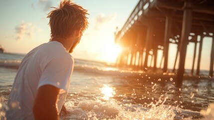 This evocative image shows a silhouette of a man standing in shallow waves as the sun sets, symbolizing freedom, reflection, and the beauty of nature’s transitions.