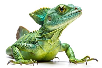 Fototapeta premium Vibrant green plumed basilisk lizard close up on white background