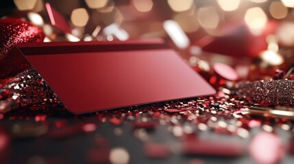 An empty red card lays amidst a vibrant, festive background filled with shimmering decorations, suggesting the anticipation of celebration and heartfelt messages.