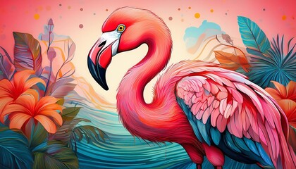 bold and colorful drawing of a pink flamingo with unique artistic flair for vibrant artistic projects