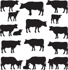 Silhouette Collection of Cows and Calves Poses Grazing Standing and Lying Down in a Black and White Vector Illustration