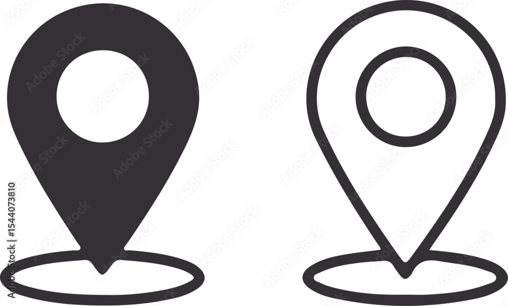 Poster location pin icons two variations dark gray filled and outline symbol for maps and navigation applic