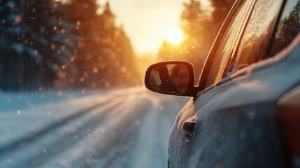 Obraz premium A serene winter scene with a frosty car by a snow-covered road at sunset, evoking feelings of solitude, reflection, and the beauty of quiet moments in nature's embrace.