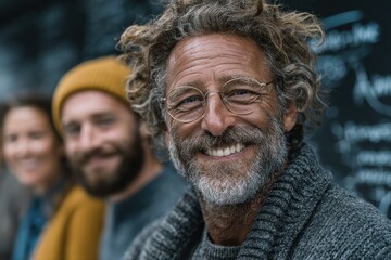 A diverse team of professionals, including a man with a beard and glasses, engaging in a brainstorming session. The man is smiling at the camera, showing confidence and teamwork.