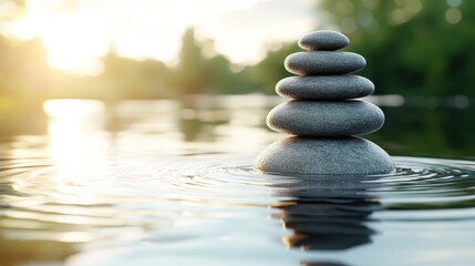 A tranquil scene of carefully stacked stones resting on water, reflecting calmness and harmony with nature, promoting relaxation and mindfulness in a serene environment.