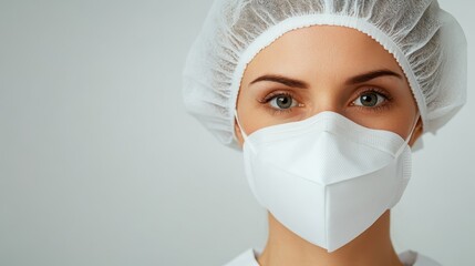 A close-up portrait showcasing a medical professional wearing a mask and hairnet, emphasizing safety and hygiene in healthcare environments amid global health concerns.