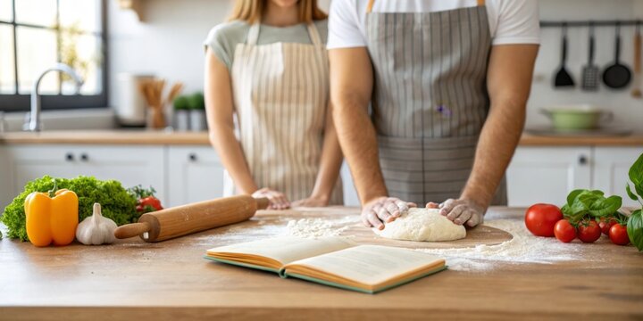 Couple enjoys cooking together in a cozy kitchen, preparing homemade pizza dough with fresh ingredients and a recipe book - Powered by Adobe