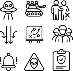 Invasion and Military Strategy Line Art Icon Set - Vector Illustrations of Alien Attack and Army Defense
