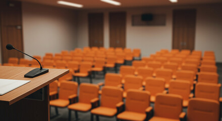 A conference room with orange seats and a podium with a microphone in the foreground view of the room