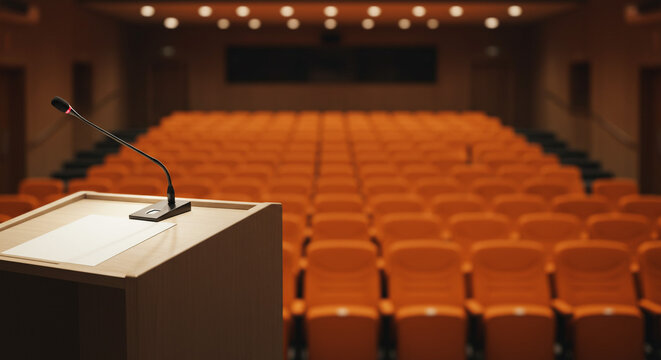 A podium with a microphone in front of rows of empty orange seats in a dimly lit auditorium hall